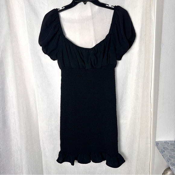 Love Stitch Black Dress Smocked Puff Sleeve Babydoll Mini Dress w/ Ruffle Hem - Picture 13 of 16